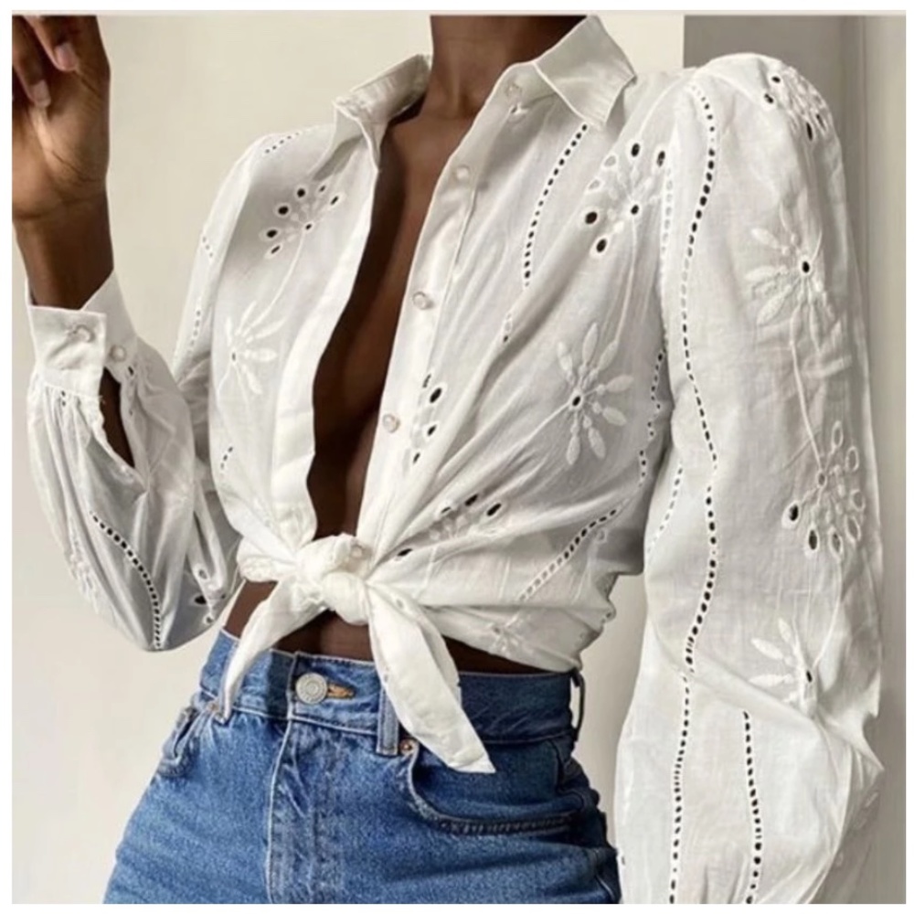 Boho embroidered eyelet button up Blouse White - Picture 1 of 11